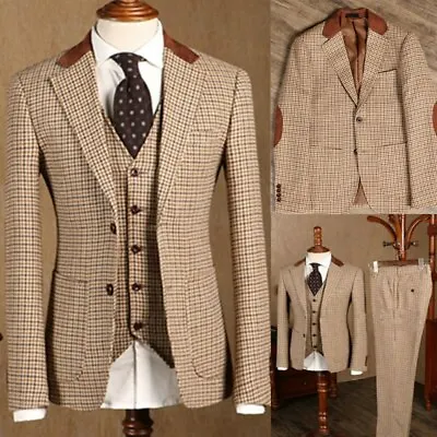 Brown Classic Plaid Tweed Suit For Men Slim Fit Groom Wedding Formal 3 Piece • $120