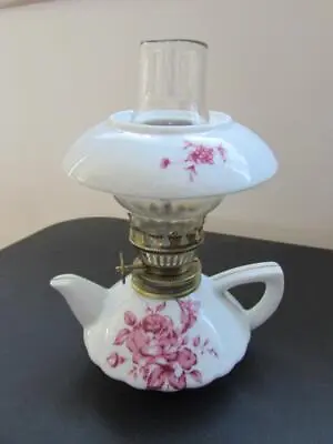 Vintage Mini Oil Lamp W/Shade Tea Pot Shape-Japan-Pink Floral Design (EUC) • $17.50