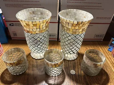 Set Of 5 Ivory Mosaic Candle Holders Glass Pillar & Votive Bling • $64.99