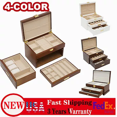 Large Wooden Jewelry Storage Box 3 Layers Organizer 2 Drawers Cabinet • $50