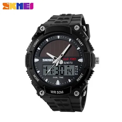 Fashion Solar Power Dual Time Sports Military Watch Waterproof Wristwatch Men • $19.99