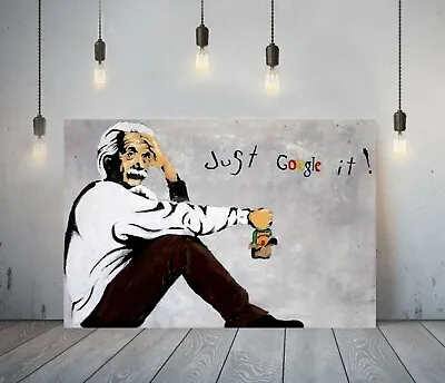 Banksy Einstein Just Google It - Framed Canvas Wall Art Picture Print- Not Sharp • £21.99