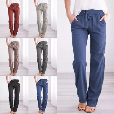 Women Cotton Linen Plain Trousers Pants Ladies Elastic Waist Bottoms Trousers • £10.99