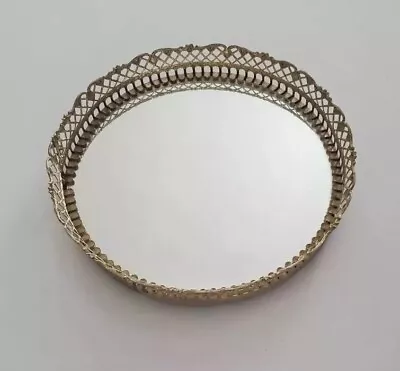 Vintage Round  Filigree Vanity Dresser Mirror Tray Gold Tone 7  1/2  • $20