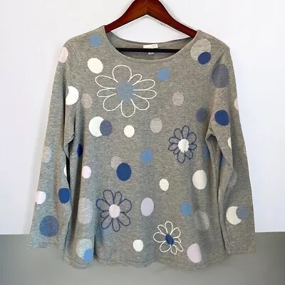 J. Jill Women's Sweater Size Large Petite Gray Knit Floral Polka Dot Whimsical • $21.95