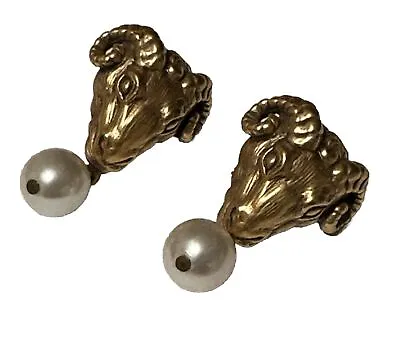 Vintage 1991  Gold Tone Mma Ram Head Aries W Dangling Pearl Pierced Earrings • $188