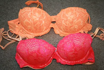 2 X Victoria's Secret Pink Lace Bra 34A Lightly Padded Lined Orange & Melon EUC • $17.99