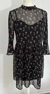 Vero Moda Floral Ditsy Boho Size Small Black Sheer Slip Swing Dress Bell Sleeves • $12.43