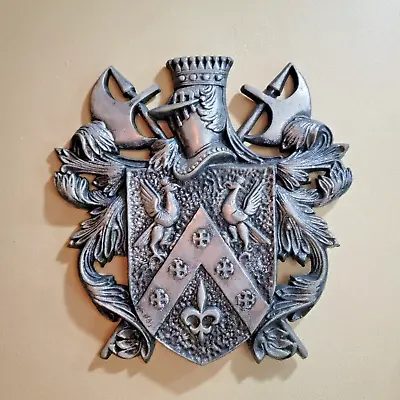 Vintage MCM 3D Cast Aluminum Coat Of Arms 18  Heraldry Medieval Wall Decor • $45