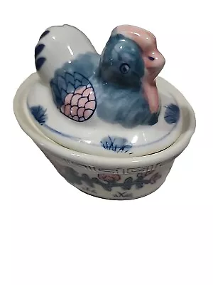 Rooster On A Nest Porcelain Asian Trinket Box Blue & Pink Vintage  • $14.98