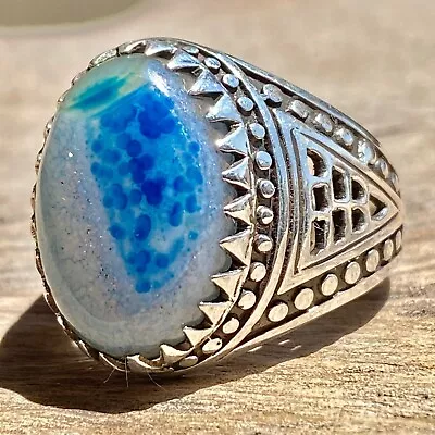 925 Sterling Silver Men Ring Natural Yemeni Sultani Blue Agate Aqeeq Silver Ring • $40