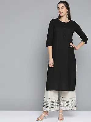 Indian Women Black Self-Striped Pure Cotton Straight Kurta Kurti Beautiful Dress • $30.79