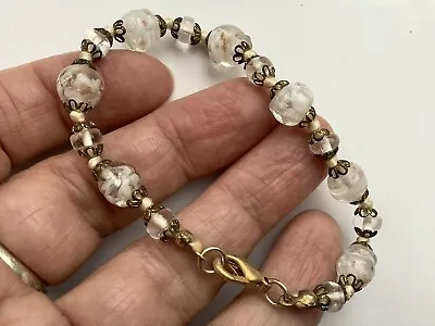 Pretty Murano Glass Style White Vintage Beaded Gold Tone Bracelet Jewellery • £5.25