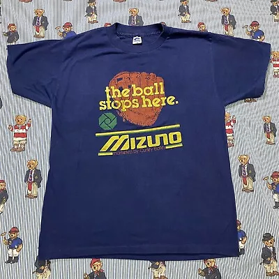 Vintage Mizuno Ball Stops Here Baseball Graphic T Shirt Adult XL Navy Blue USA • $35