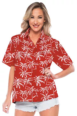 LA LEELA Button Down Shirt For Women Casual Summer Beach L Allover Palm Red • £35.70