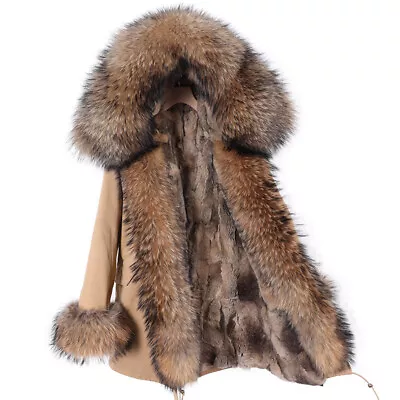 Women's Natural Raccoon Fur Collar Hooded Jacket Rex Rabbit Fur Liner Warm Coats • $251.99