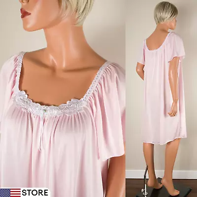 💖 MISS ELAINE Pink Nightgown Silky Nylon Cap Sleeves Lace Trim ILGWU Sz M • $17.99