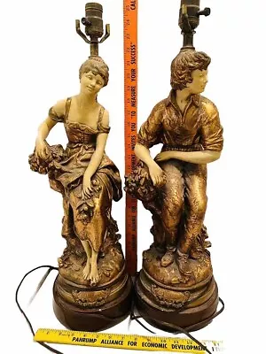 2 Antique French Les Cerises Hip Moreau Plaster Table Lamp Gold Boy Girl Lamps • $130