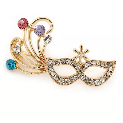 Gold Tone Crystal Carnival Mask Brooch - 45mm W • £11.90