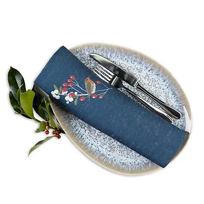 £15.99 • Buy Luxury Linen-Like Set Of 6 Christmas Napkins Robin Berry Navy HUGE 70% DISCOUNT