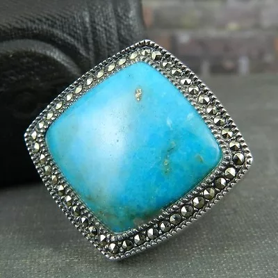 Signed SMJ 925 Sterling Silver Turquoise & Marcasite Square Ring • $55