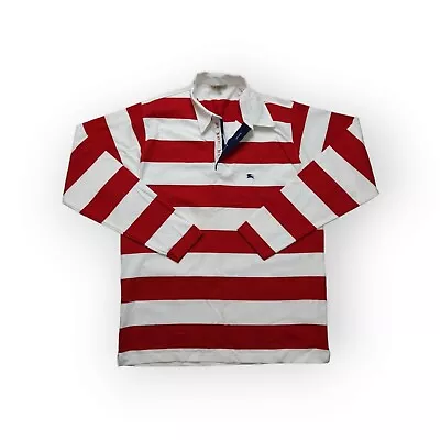 Burberry London Striped Red White Long Sleeve Polo Shirt Knight Logo Mens XL • $99.95