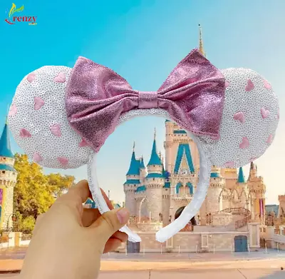 White Heart Sequin Mickey Mouse Minnie Ears Disney Parks Pink Bow Headband • $17.85