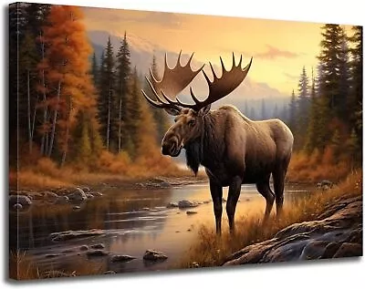Nature Moose Wall Art Landscape Moose In The River Wall Decor Print Painting Wil • $53.62