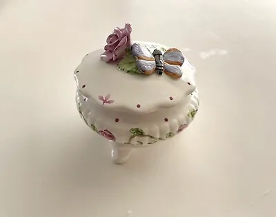 Vintage Fairy Garden Rose Butterfly Porcelain Trinket Box • $14