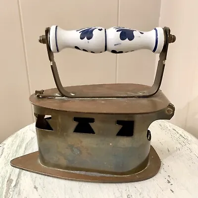 Vintage Brass Coal Iron Porcelain White Blue Handle Patina Antique Primitive • $29.99