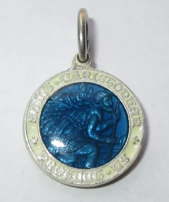 Small Vintage Sterling Silver Blue Enamel Saint Christopher Medal Charm Creed • $49.99