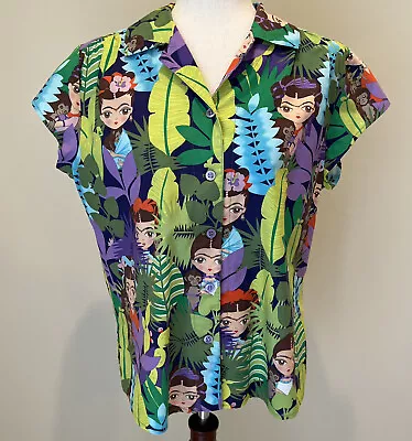 The Cat’s Pajamas Frida Kahlo Lounge Shirt Top Size M Tropical Jungle Monkeys • $39.99