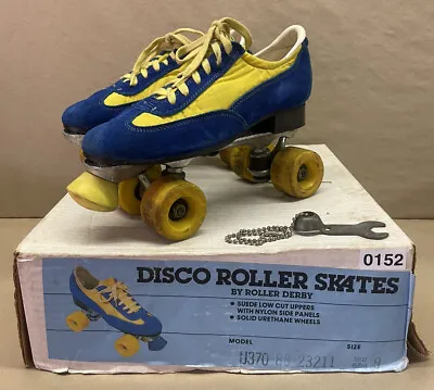 🛼 Vintage ROLLER DERBY Disco Skates Blue & Yellow MENS Sz 9 Wrench Original Box • $42.99