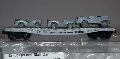 N Scale KR US005N WWII US Navy (2) Jeeps & Staff Car On 40' Flatcar • $38.99