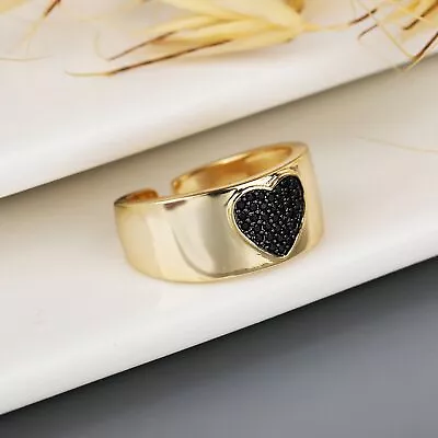 Gold Plated Heart Adjustable Ring Trendy Micro Pave CZ Cubic Zirconia • $22.99