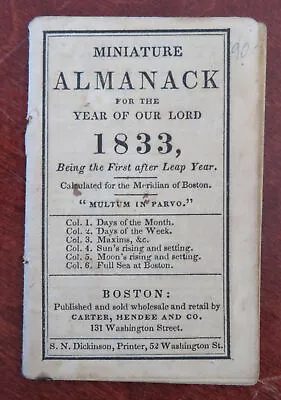 Miniature Almanack For 1833 Boston Planting Zodiac Calendar Small Book • $78.40