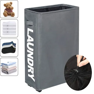 45L Waterproof Laundry Basket Rolling Slim On Wheels Foldable Washing Hamper • £10.36