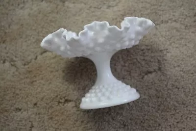 Vtg Fenton White MilkGlass Compote PedestalCandy Dish Hobnail Ruffled • $13.99