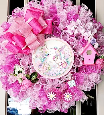 Spring Summer Everyday Pink Deco Mesh Wreath Bird Houses Flowers Handmade • $54