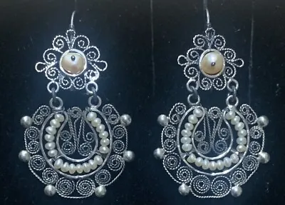 Mexican Oaxacan  Pearl Sterling Silver Filigree Frida Earrings • $118