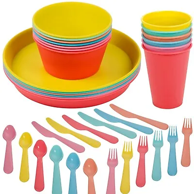 36 Pcs Kids Colourful Plastic Dinner Breakfast Bowls Plates Tumblers Cutlery Set • £14.99