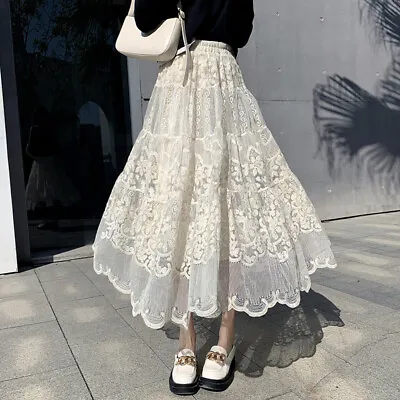 $34.60 • Buy Womens High Waist Elastic A Line Long Tulle Skirt Embroidery Floral Lace Ruffles