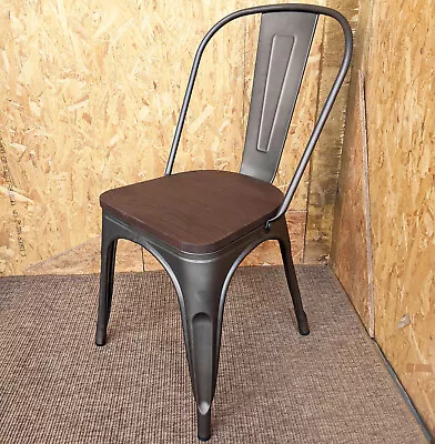 New Tarnished Metal Tolix Chair Dark Solid Wood Seat Stackable Cafe Dining Retro • £49.95