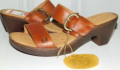 Born Tinari Heel Sandals B02526 Two Strap Buckle Brown Leather Slip On Womens 11 • $38