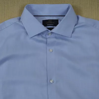 M&S Sartorial Shirt 17 Inch Collar Blue Herringbone Cotton Double Cuff 2  Longer • £16.95