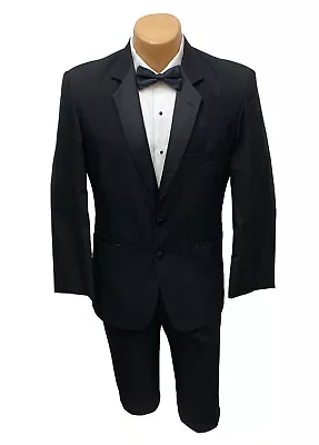 Black Perry Ellis Tuxedo With Flat Front Pants Shirt Bow Tie & Studs 44L 38W • $99.99