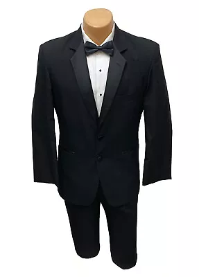 Black Perry Ellis Tuxedo With Flat Front Pants Shirt Bow Tie & Studs 54L 48W • $99.99