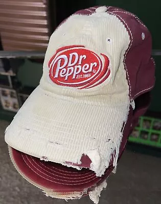 Dr Pepper Distressed Beige Maroon Corduroy Fitted Embroidered Cap Trucker Hat • $14.94