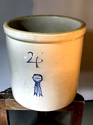 VTG Stoneware Crock Blue Ribbon Brand 4 Gallon Macomb IL Buckeye Pottery (12A) • $162.50