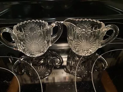 American Brilliant Cut Sunflower Crystal Glass Creamer Sugar Bowl Set Floral • $30